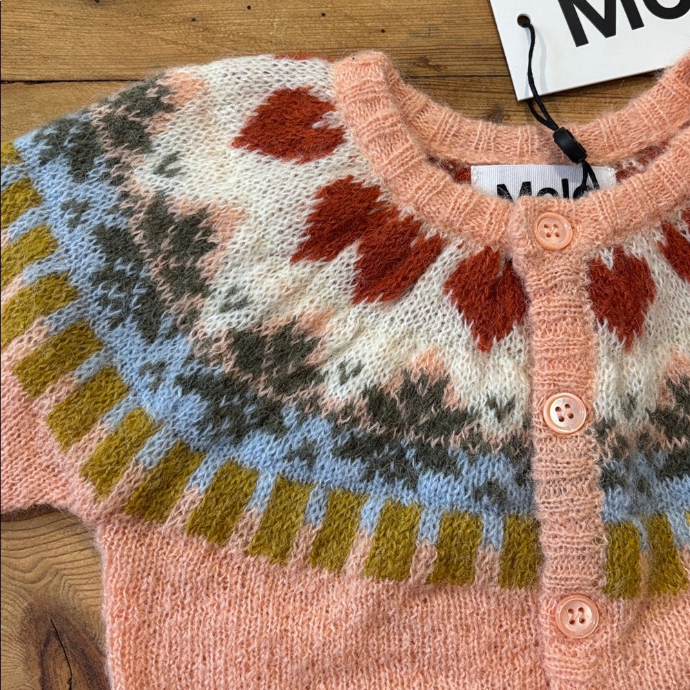 New! MOLO 62 Pink Alpaca Wool Printed Bay Fair Isle Nordic Bunny Cardi Sweater - Picture 2 of 6